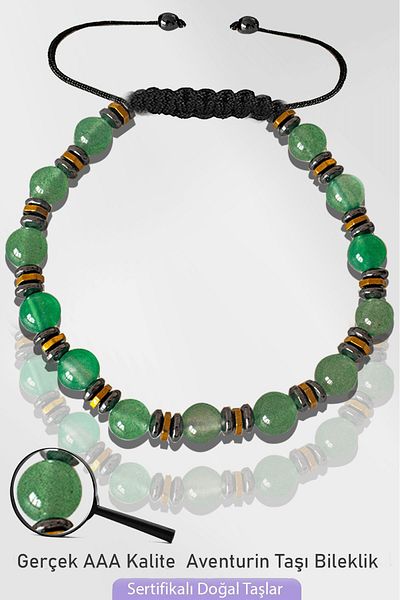 Tesbih Atölyesi Certified Silver Hematite 6mm Natural Aventurine Stone Bracelet - Adjustable