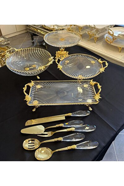 Genel Markalar 9 PARCA AYAKLI CAM YALDIZ DETAYLI SUNUMLUK GOLD