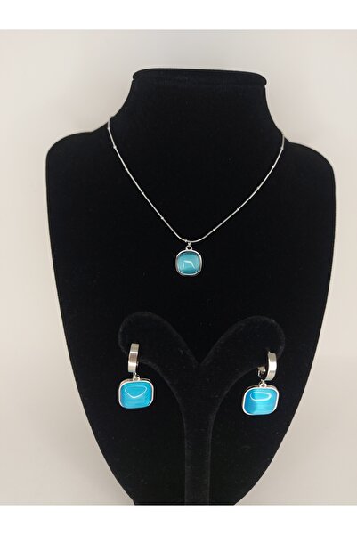 Romea Kare Kesim Mavi Taşlı Karamaz Çelik Küpe Gümüş Rengi