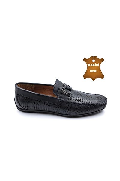 MARCOMEN Genuine Leather Men's Laceless Black Buckle Loafer Shoes