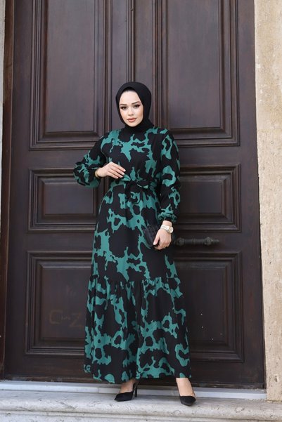 Generic Brand Women's Summer Belted Sleeve Elastic Patterned Viscose Woven Hijab Dress