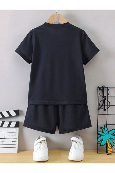 AMMA Kids Black Crusher Printed Top and Bottom T-Shirt Shorts Set