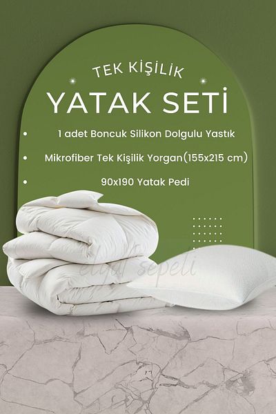 Elyaf Sepeti Single Mattress Set: 1pc Silicone Pillow + Single Fiber Quilt +90x190 Fiber Mattress Pad