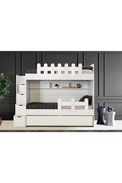 Güven Mobilya 90*190 Irmak Beyaz / Beyaz Okyanus 3 Yataklı Kiwi Ranza