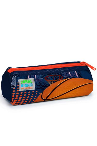 Coral High Πορτοκαλί Navy Blue Παιδική τσάντα μολυβιού με σχέδια μπάσκετ - Τρία διαμερίσματα 22066