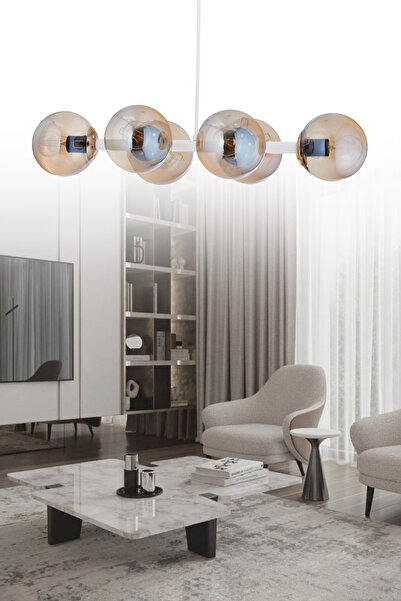 ŞL Şef Light Luxury Modern Tasarım Beyaz 6'li Bal Glop Camlı Avize