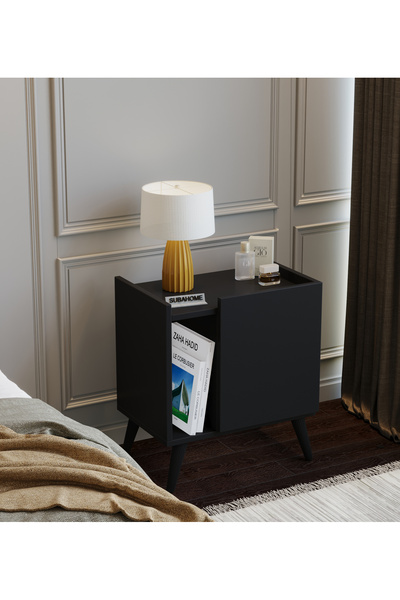 subahome 50 Cm Mdf Modern Ayaklı Siyah Komodin Çok Amaçlı Dolap Yan Sehpa Plak Dolabı Koltuk Yanı Sehpa