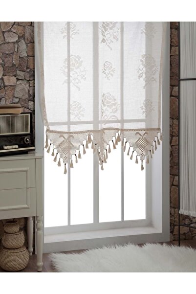 Mandaş Buldan Tül Perde El Işi Dantelli Naturel Gül Çiçek Desen(150X100)