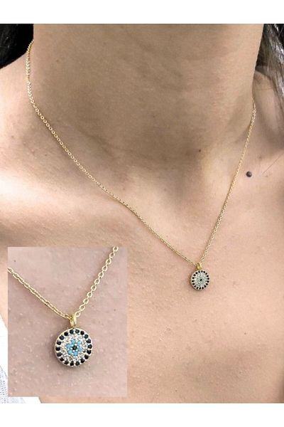 TÜKKAN ACCESSORİES Evil Eye Beaded Zircon Stone Gold Necklace-Sleeve152
