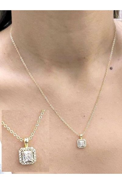 TÜKKAN ACCESSORİES SQUARE Baguette ZIRCON STONE GOLD NECKLACE-SLEEVE154