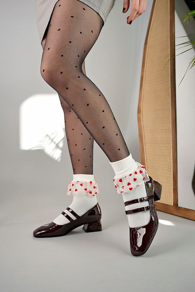 camaiore Women's Mary Jane Claret Red Patent Leather Two Belted Square Toe Short Heeled Shoes Women's Lace-Up Shoes