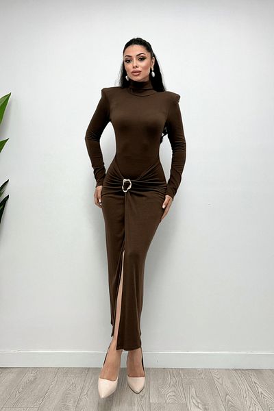 giyimmasalı Knitwear Fabric Skirt Buckle Detailed Dress - BROWN
