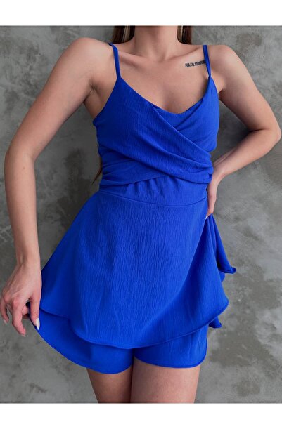 vuvutasarım Saks Blue Aerobin Fabric Degaje Collar Skirt Flounced Design Strap Jumpsuit 7034