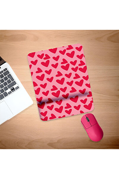 UcuruStore Pembe Üstüne Kırmızı Kalpler Bilek Destekli Dikdörtgen Mouse Pad