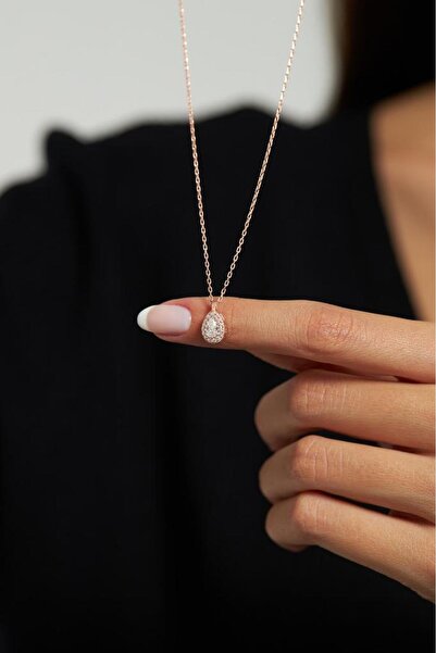 Roza Silver Zirkon Taşlı Rose Minimal Damla Anturaj Gümüş Kolye