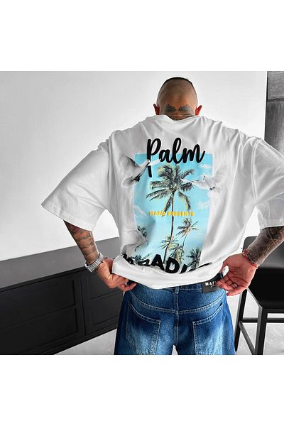 Benisengiydir تيشيرت رجالي أبيض كبير الحجم مطبوع عليه Palm Paradise