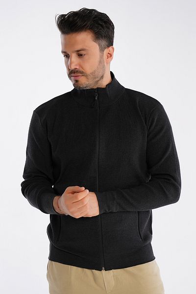 Trist Star Men's Anthracite Stand Collar Zippered Pocket 100% Cotton Cardigan Trist-1200