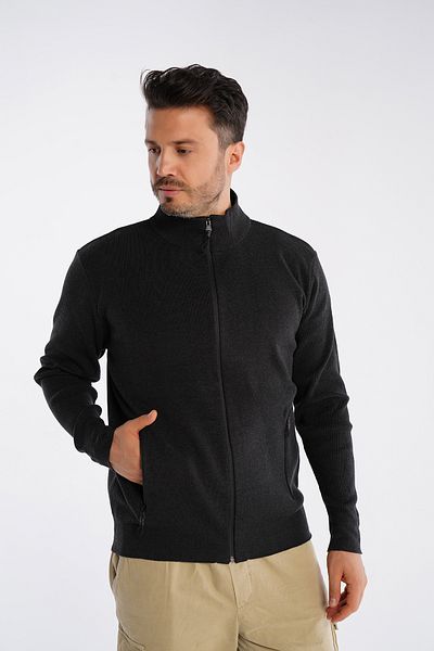 Trist Star Men's Anthracite Stand Collar Zippered Pocket 100% Cotton Cardigan Trist-1200