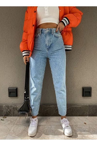 Geppetto Leo Ngbutika - Blugi albastru deschis cu talie înaltă Lycra Mom Jeans, extra elastici