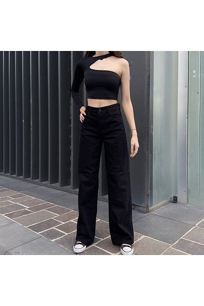 Geppetto Leo Penelope Alisya Women Casual Lycra 90's Non-Fading Black Super High Waist Loose Leg Denim Jeans Jean
