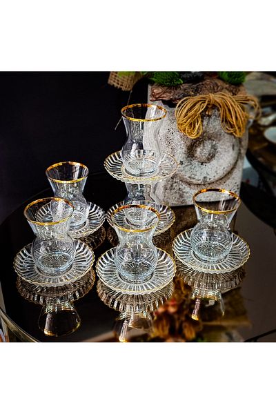 Paşabahçe Crystal (Crystalien) Genuine Gold Gilt Gold Tea Set