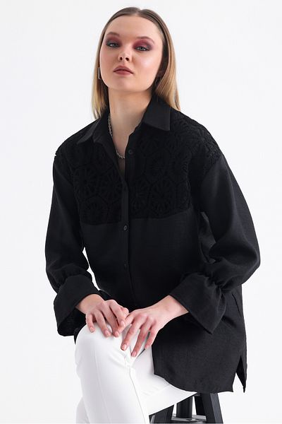 MD trend Cămașă oversize din in, cu mâneci cu fante, cu șarțuri, pentru femei