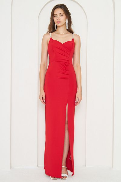 vuvutasarım Scuba Fabric Maxi Length Jewelled Strap Evening Dress with Chest Cutout and Slit Detail582513