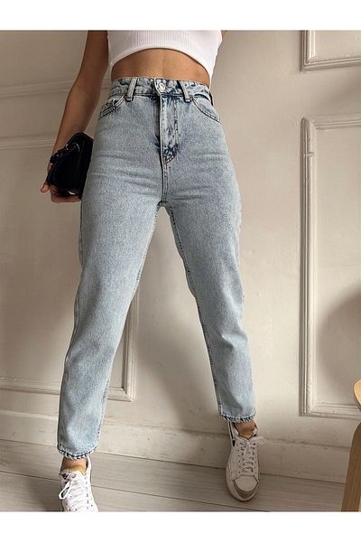 Geppetto Blugi Dora din anii 90 Leo Blugi Lycra cu talie înaltă Blue Snow Washed Mom Jeans Extra Stretchy