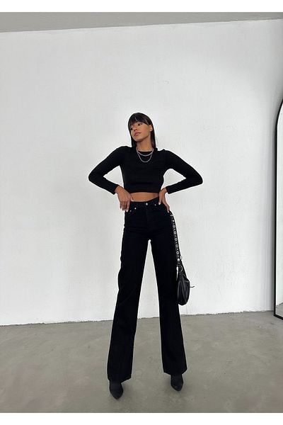 Geppetto Leo Penelope Tessa Gold Icon 90's Black Lycra Super Extra High Waist Palazzo Loose Jean παντελόνι