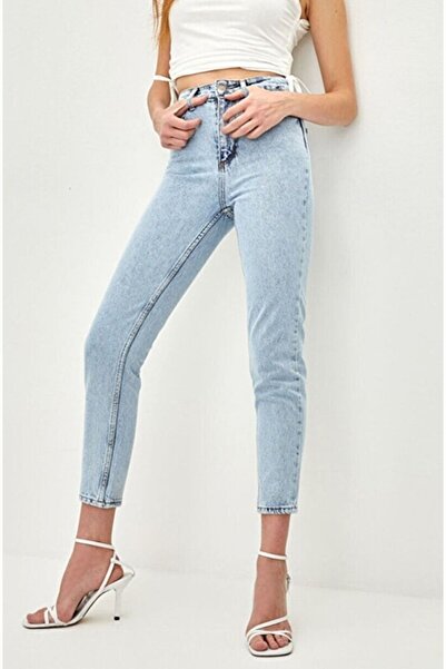 Geppetto Leo Blue Mom Jeans Lycra Talie Înaltă Blue Snow Wash Mom Jeans Extra Confortabil