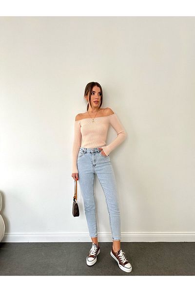 Geppetto Leo anii 90 Dora Penelope Blue Mom Jeans Lycra cu talie înaltă Blue Snow Washed Mom Jeans
