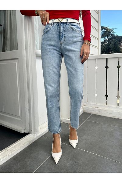 Geppetto Leo 90's Dora Women's Snow Wash Mom Jeas cu talie înaltă - Boyfriend Blue Jeans pentru femei