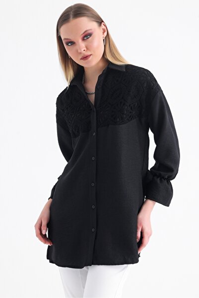 MD trend Women's Scallop Brode Detailed Slit Sleeve Shirred Oversize Linen Shirt