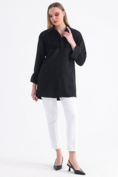 MD trend Women's Scallop Brode Detailed Slit Sleeve Shirred Oversize Linen Shirt