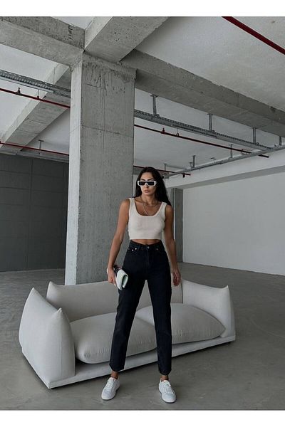 Geppetto Leo Penelope Zero Max Blugi negri boyfriend cu talie înaltă pentru femei Blugi flexibili din lycra (potrivire completă)
