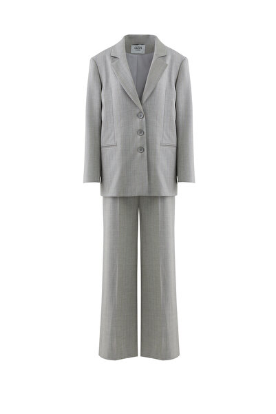 GİZİA Fuşya Düğme Detaylı Çizgili Gri Takım Elbise