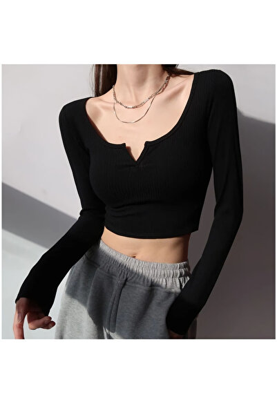 ÖZ PAMUK Γυναικεία μακρυμάνικη μπλούζα Crop με τετράγωνο λαιμό με ραβδώσεις