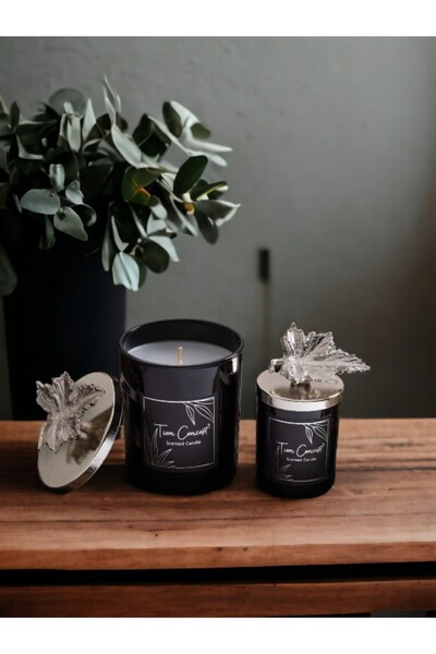 Tiem Concept Dekoratif Gümüş Yaprak Tepelikli 2'li Siyah Bardak Mum Seti