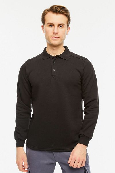 Uniprom Sweatshirt Polo Collar Fleece Inside 3 Thread Cotton Regular Cut Men's Black