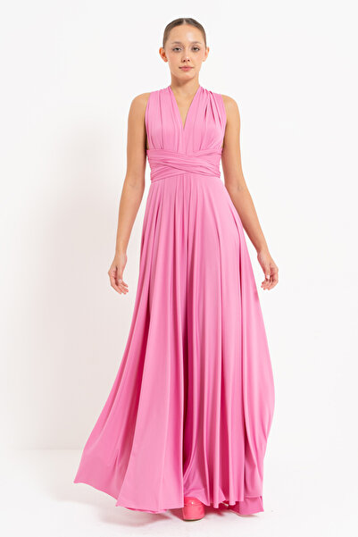 Kikiriki V Yaka Kolsuz Pileli Uzun Elbise