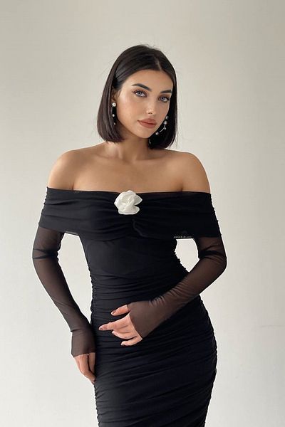 lovebox Women's Tulle Fabric Strapless Collar Rose Accessory Design Shirring Detail Midi Black Evening Dress 217