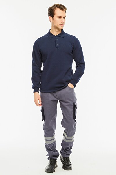 Uniprom Суитшърт с поло яка, подплатена с полар, 3 нишки памук, нормална кройка, мъжки, тъмносин