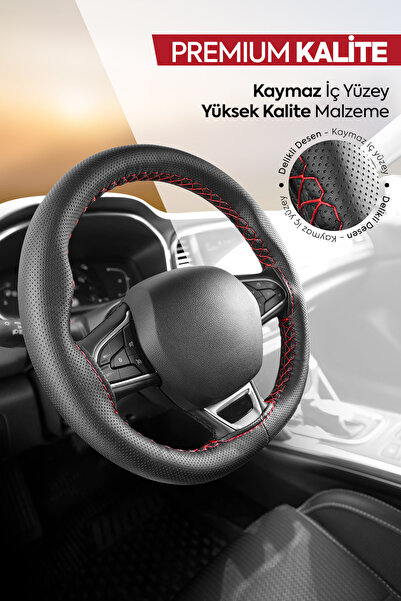 Otom Direksiyon Kılıfı Dikişli Delikli Deri Siyah Kırmızı DK-202