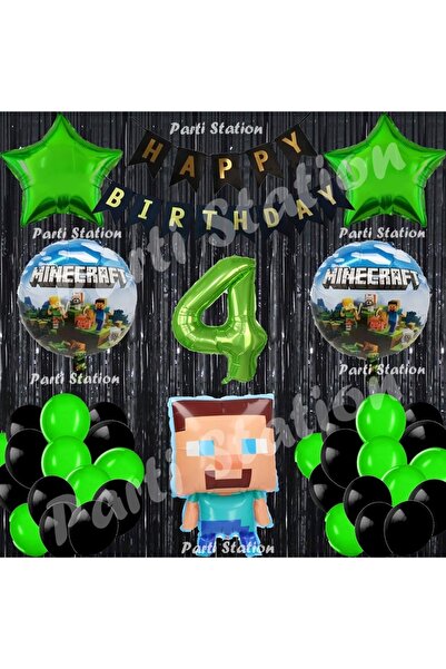 Parti Station Minecraft Balon Set 4 Yaş Minecraft Oyun Siyah Konsept Doğum Gü...