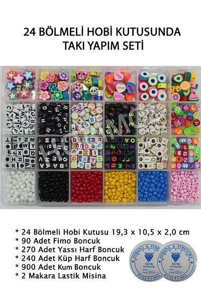 Hobimos Fimo Beads, Letter Beads, Sand Beads Jewelry Making Set in 24 Compartments Hobby Box