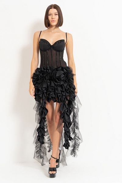 Kikiriki Black Rose Detailed Frilly Tulle Dress