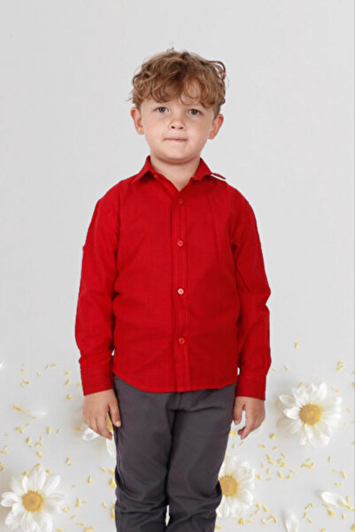 Nacar Erkek Çocuk 23 Nisan Uzun Kol Kırmızı Gömlek Keten Gösteri Kutlama 024