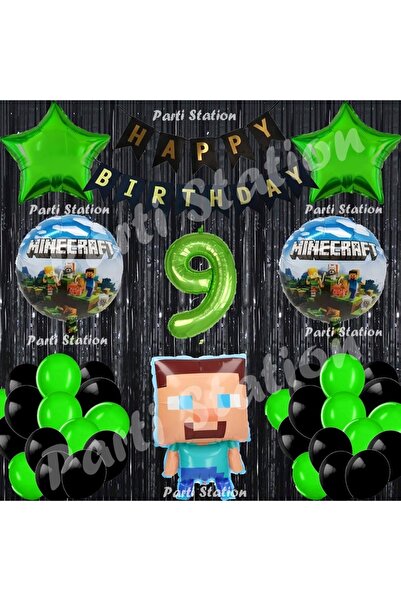 Parti Station Minecraft Balon Set 9 Yaş Minecraft Oyun Siyah Konsept Doğum Gü...