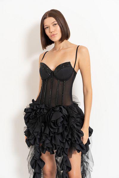 Kikiriki Black Rose Detailed Frilly Tulle Dress
