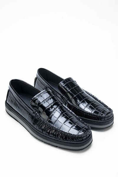 Tamer Tanca Men's Genuine Leather Black Crocodile Loafers